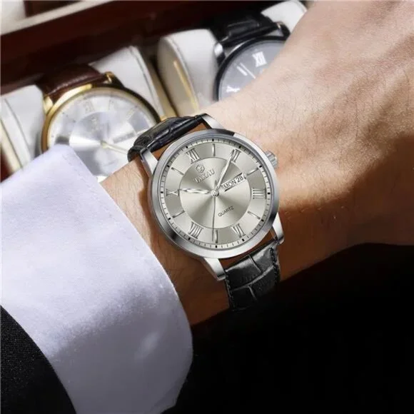 Mens Watches Luxury Dress Waterproof Leather Watch with Date Day Analog